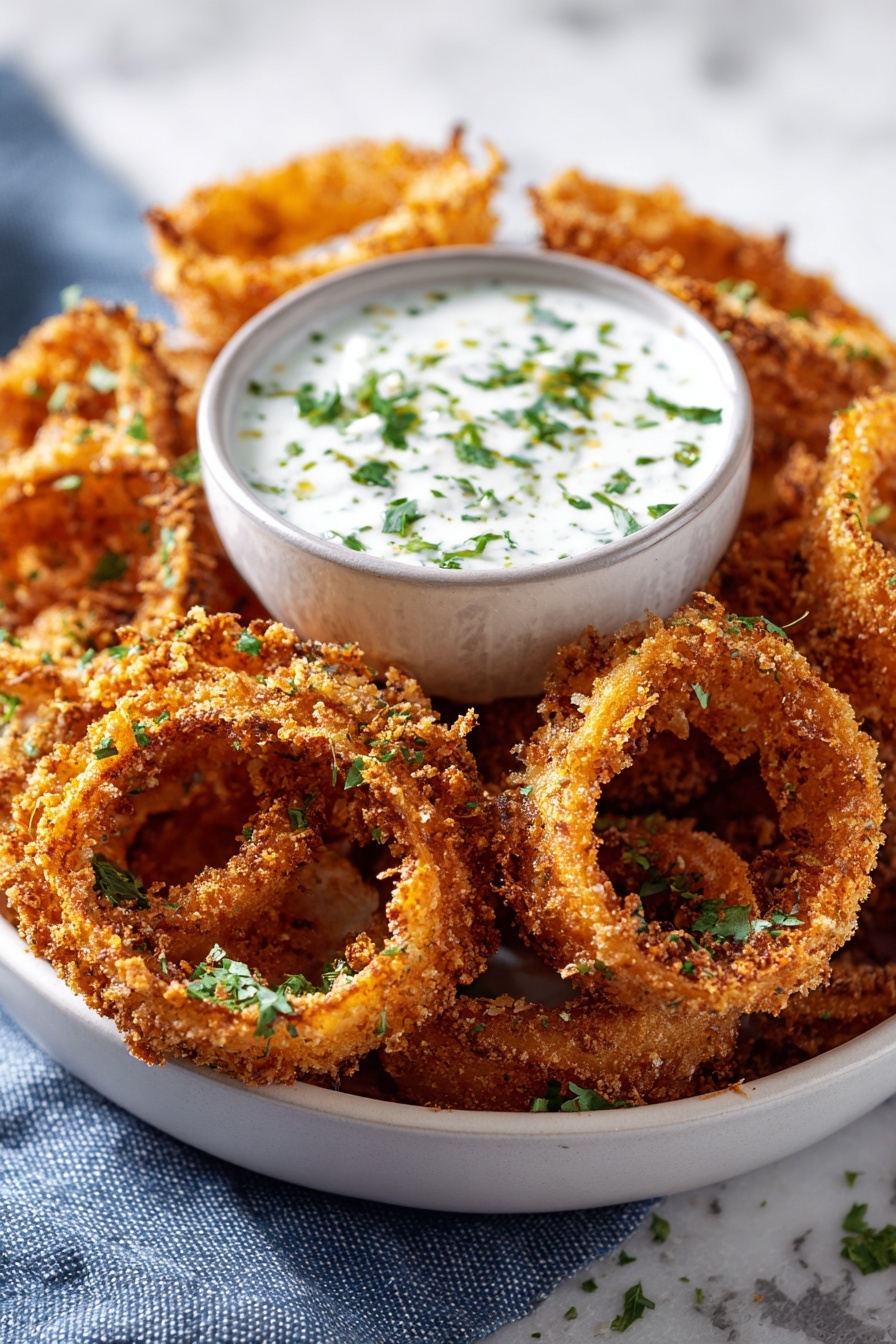 A bowl of onion ring chips with a dollop of sour cream on top.