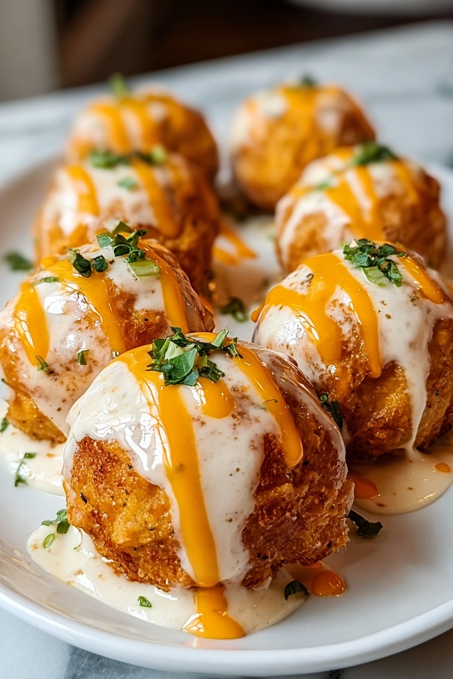 A plate of food with a sauce drizzled over it.