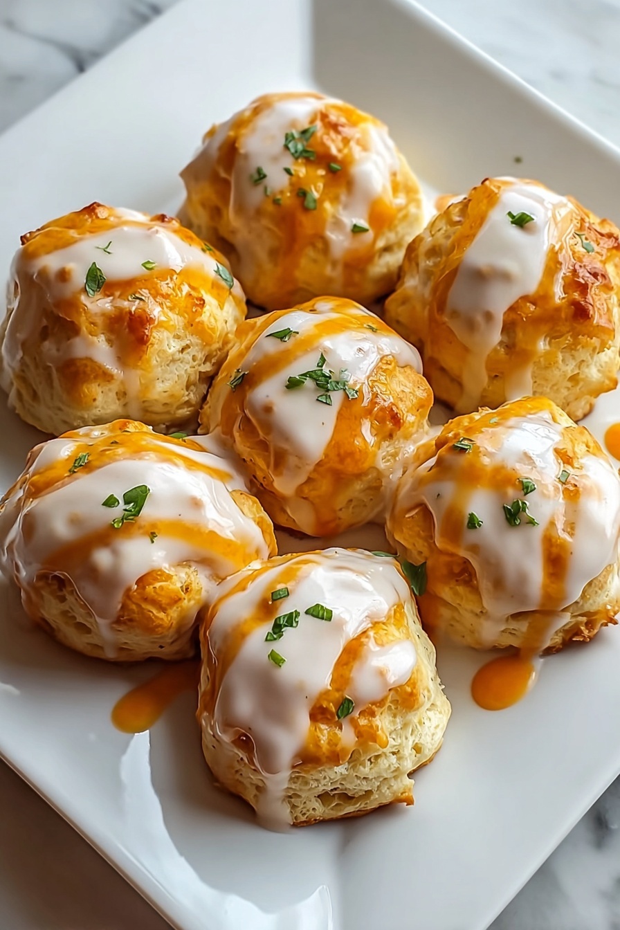 A plate of biscuits with sauce on top.