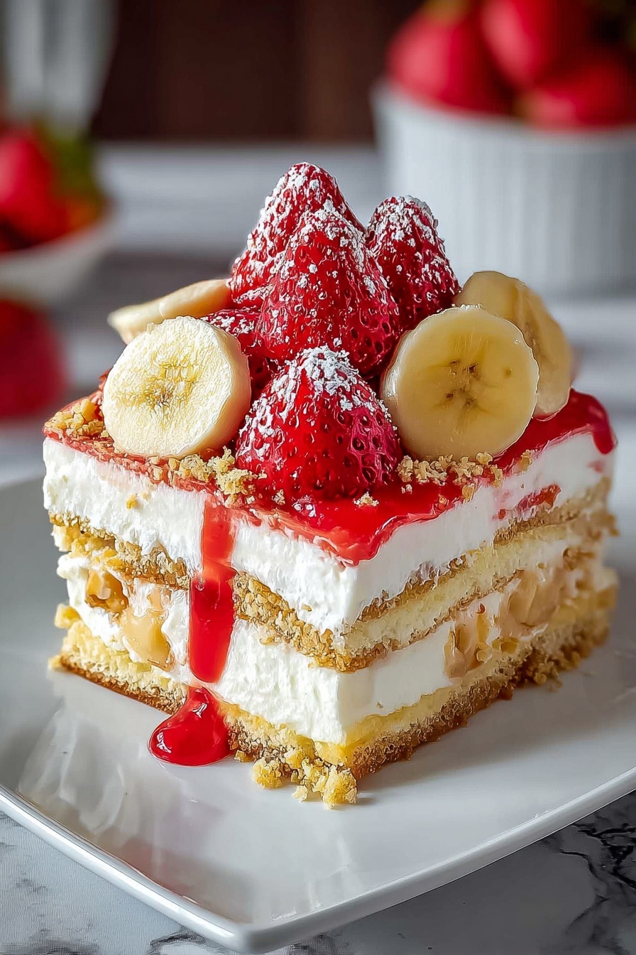 A slice of cake with strawberries and bananas on top.