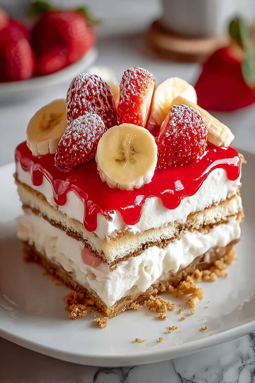 A slice of cake with bananas and strawberries on top.