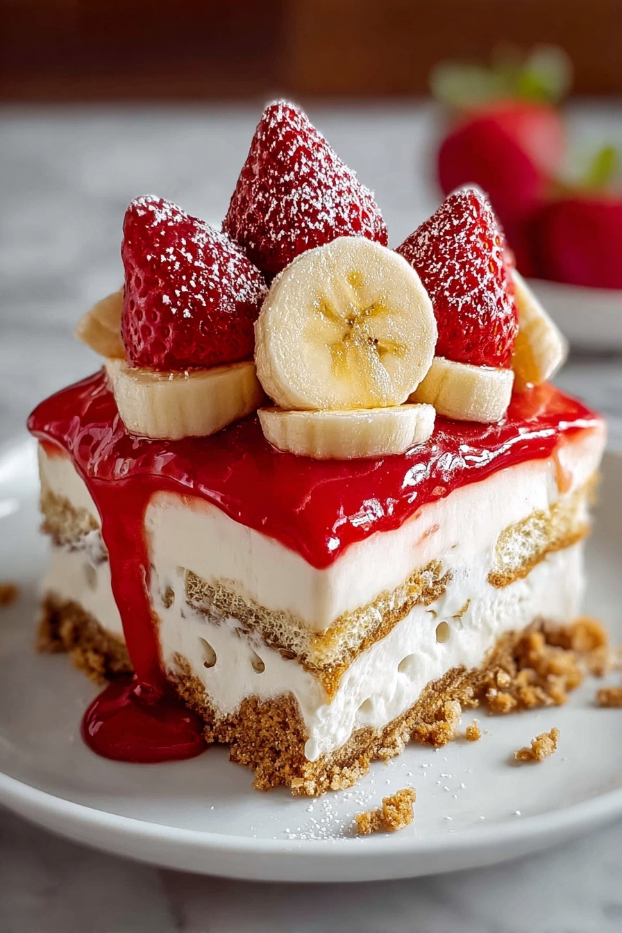 A slice of a dessert with strawberries and bananas.