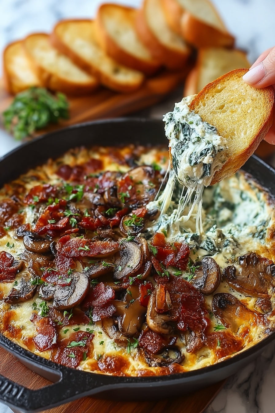 A person is dipping a piece of bread into a stuffed mushroom dip.