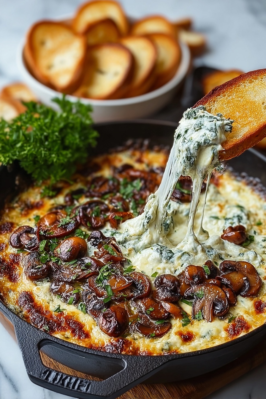 A close up of a delicious stuffed mushroom dip.