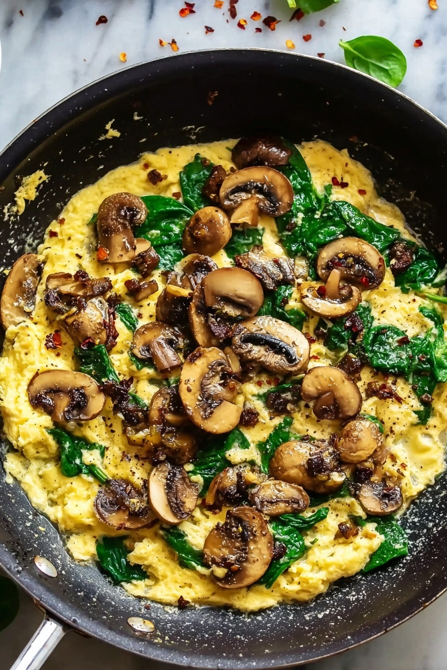 A close up of a pizza with mushrooms and spinach.