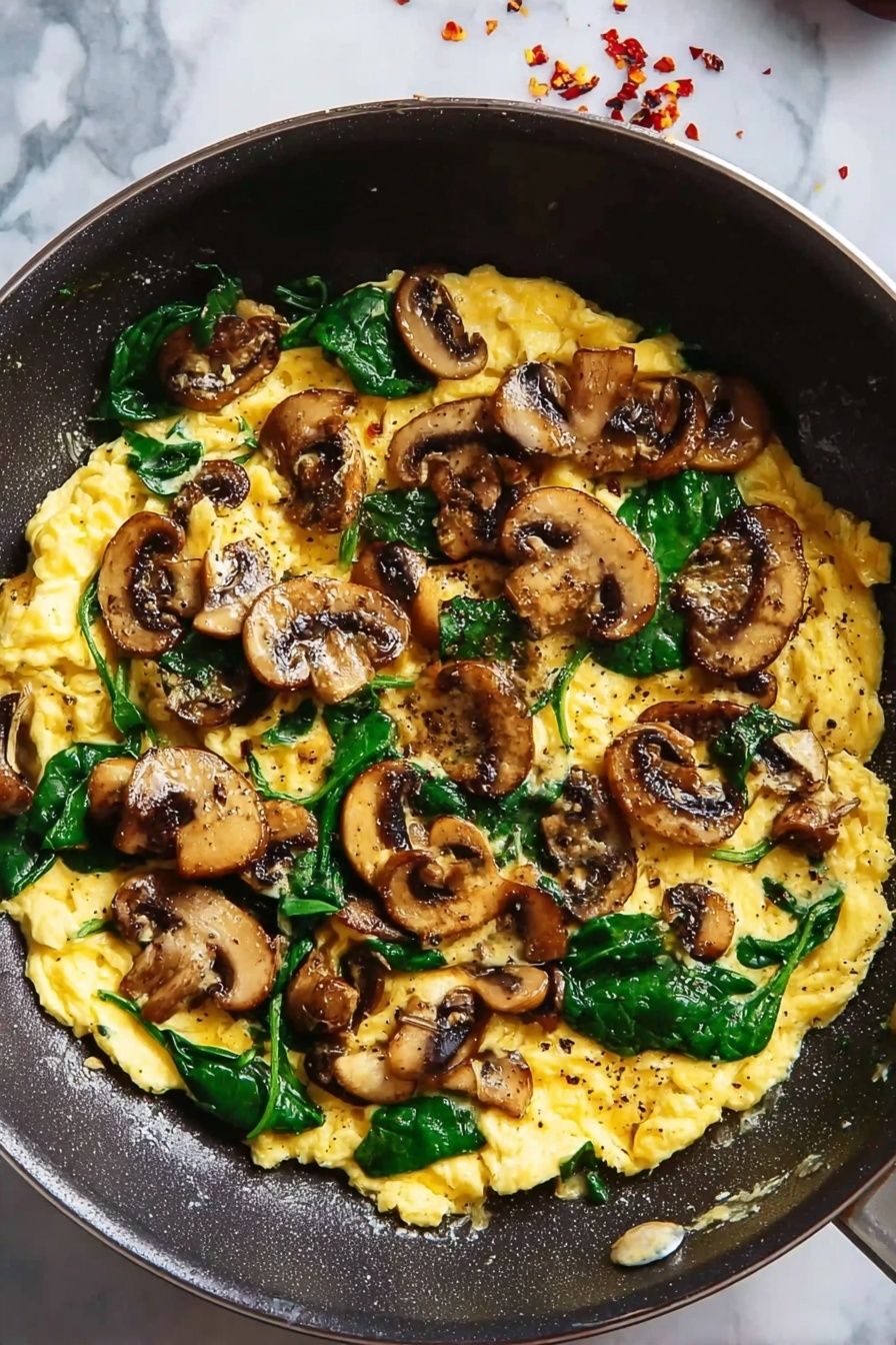 A plate of food with mushrooms and spinach.