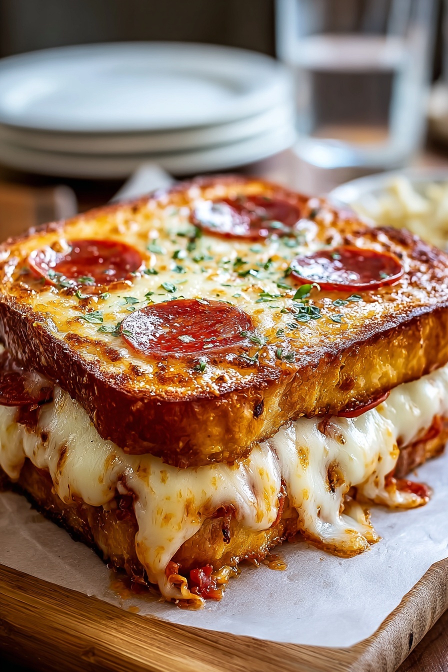 A sandwich with pepperoni and cheese on a white plate.
