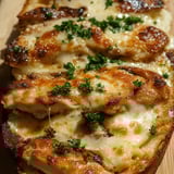 A hearty slice of bread covered in chicken and stretchy cheese.
