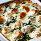 A dish of chicken and spinach.