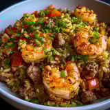 A bowl of rice with shrimp and vegetables.