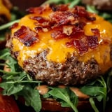 A burger with bacon and cheese on a bun.