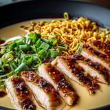 A bowl of noodles with meat and vegetables.