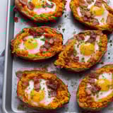Bacon and egg potatoes on a tray.