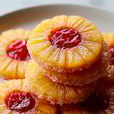 A stack of pineapple donuts with red jelly.