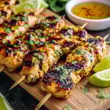 A wooden platter with skewers of meat and lime wedges.