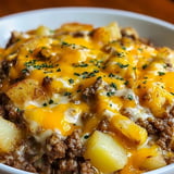 A bowl of food with cheese and potatoes.