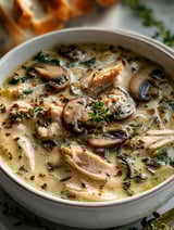 A bowl of soup with mushrooms and chicken.