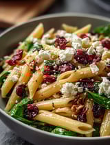 A bowl of pasta with feta cheese and cranberries.