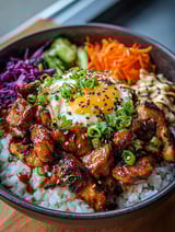 A bowl of Korean BBQ Chicken with Gochujang Cream Sauce.