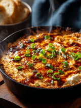 A close up of a delicious smokey BBQ chicken dip.