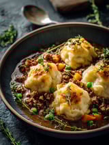 A bowl of ground beef and dumplings.