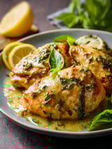 A plate of chicken with lemon and basil.
