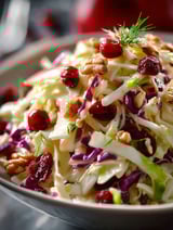 A bowl of coleslaw with apples and cranberries.