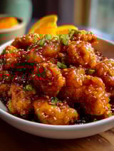 A bowl of orange chicken with a green garnish.