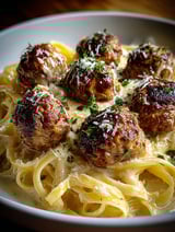 A plate of garlic butter meatballs with creamy Parmesan linguine.