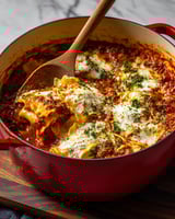 A close up of a red pot filled with a delicious one pot lasagna soup.