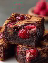 A stack of brownies with raspberry swirls.