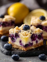 Blueberry lemon pie bars with a slice missing.
