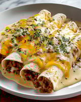 A plate of breakfast enchiladas with sausage.