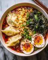 A bowl of ramen with dumplings and eggs.