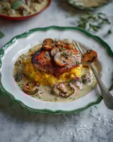 A plate of food with a herb roasted chicken.