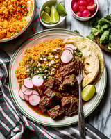 A plate of food with rice, beans, and meat.