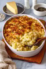A white bowl filled with macaroni and cheese.