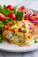 A plate of chicken with Parmesan and mayonnaise.