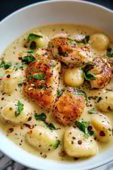 A dish of chicken and gnocchi in a creamy sauce.