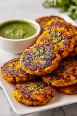 A plate of potato crispers with a green dip.