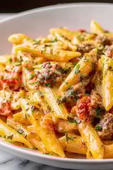 A plate of pasta with meat and tomatoes.