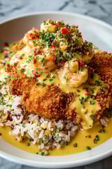 A plate of dirty rice with crawfish cream sauce.