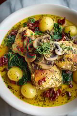 A bowl of soup with chicken and mushrooms.