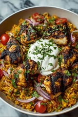 A plate of shawarma chicken and rice.