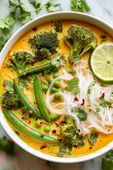 A bowl of spicy Thai curry noodle soup.