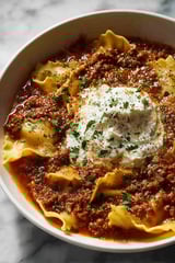 A close up of a delicious one pot lasagna soup.