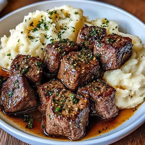 A mouthwatering plate featuring beef chunks in rich gravy next to fluffy mashed potatoes with a sprinkle of fresh herbs.