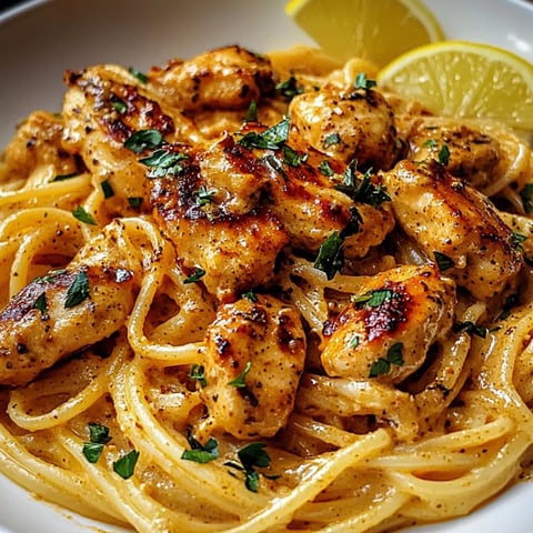 A big bowl of chicken pasta topped with fresh lemon slices.