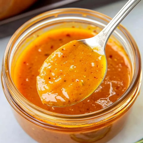 Yellowish-orange mustard sauce in a glass jar with a spoon inside.
