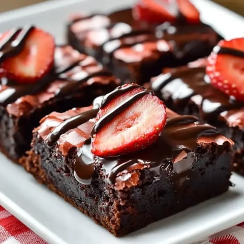 A chocolate dessert with strawberries on top.